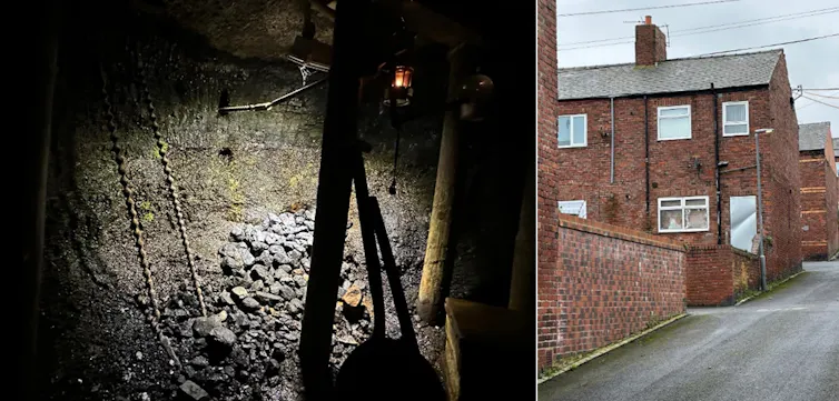 shot of underground mine and inset pic of red brick house