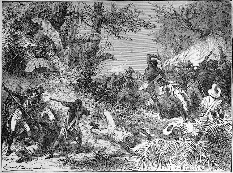 An illustration showing Black men fighting with swords and rifles against white men.