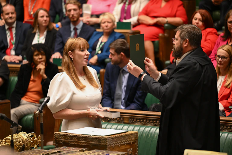 Angela Rayner swearing on a bible in the House of Commons.