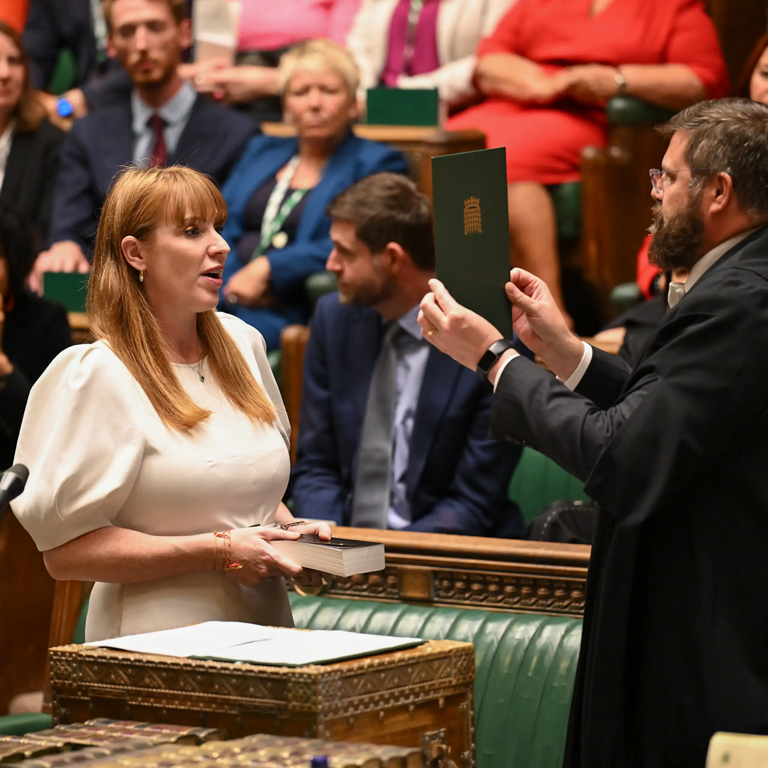 Angela Rayner swearing on a bible in the House of Commons.