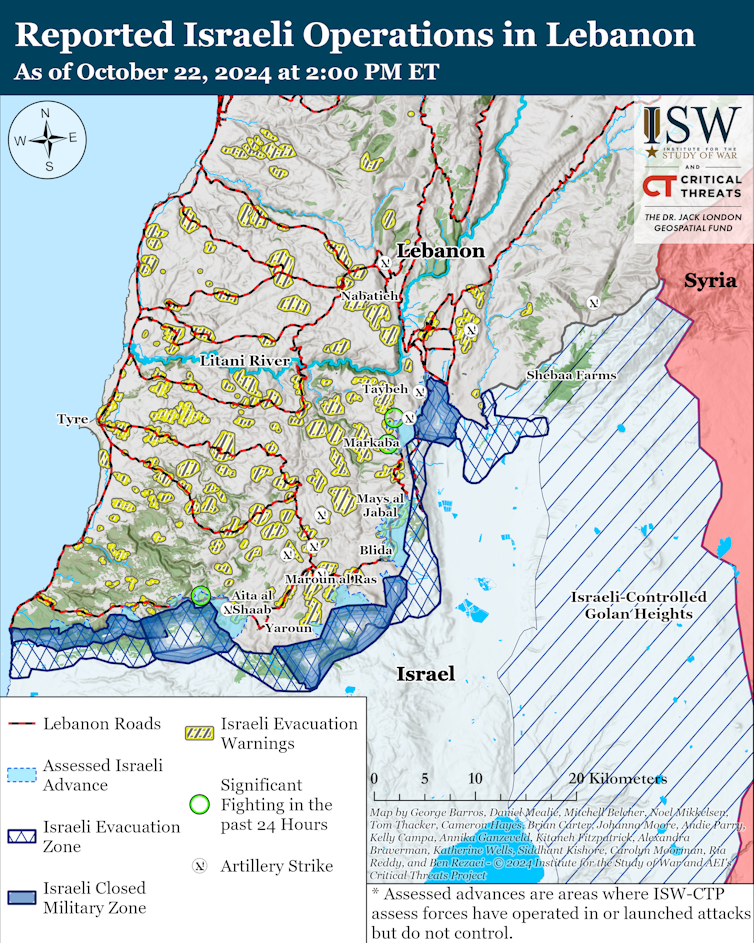 ISW map showing the state of Israel's incursion into southern Lebanon.