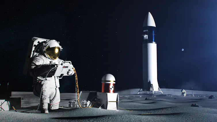 Ilustração de um astronauta na superfície da Lua, com a nave Artemis ao fundo