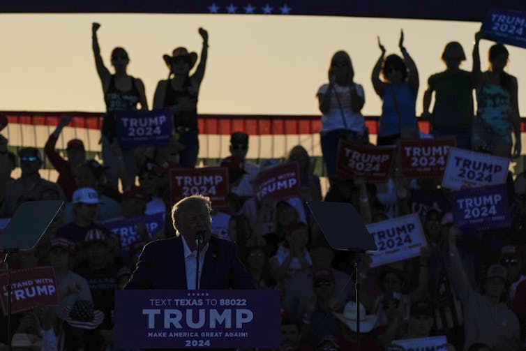 A man with fluffy grey-blond hair is seen in silhouette as people cheer behind him in the dusk.