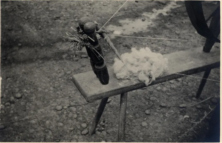 Wool on the platform of a spinning wheel.