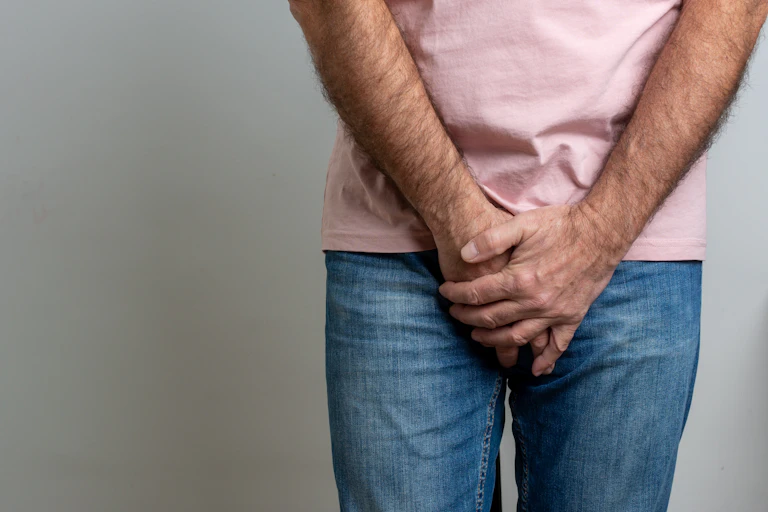 Man holds hands in front of his jeans