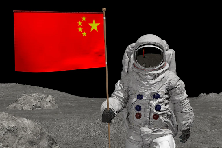 Composite of US and Chinese astronauts on the Moon.