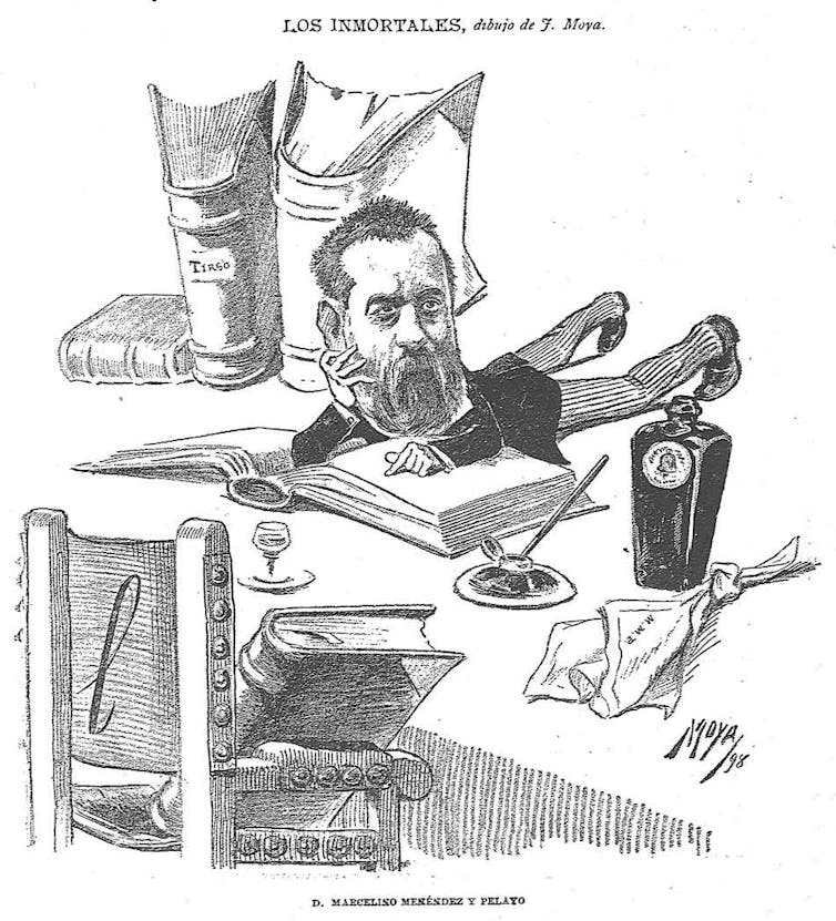 Caricatura de Menéndez Pelayo para el libro _Los Inmortales_, con un dibujo de Joaquín Moya, en 1898.