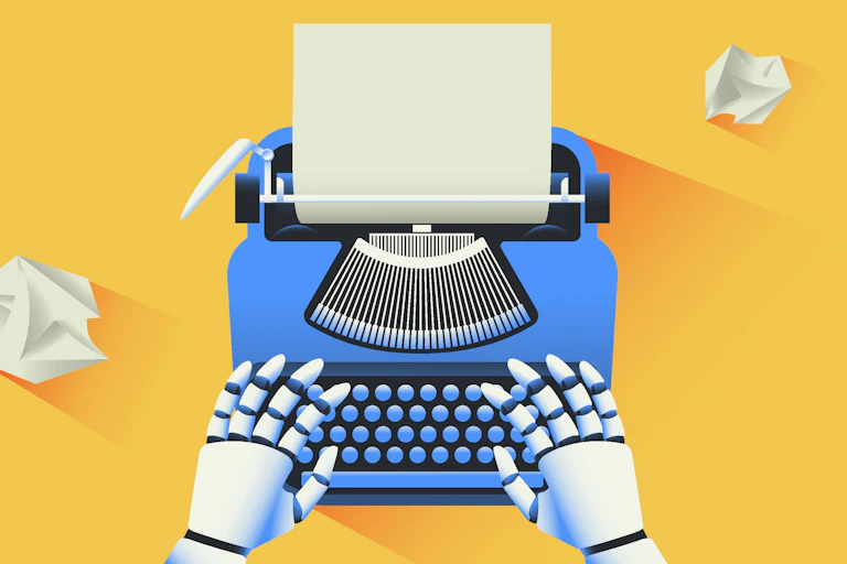 cartoon image of robot hands at a typewriter
