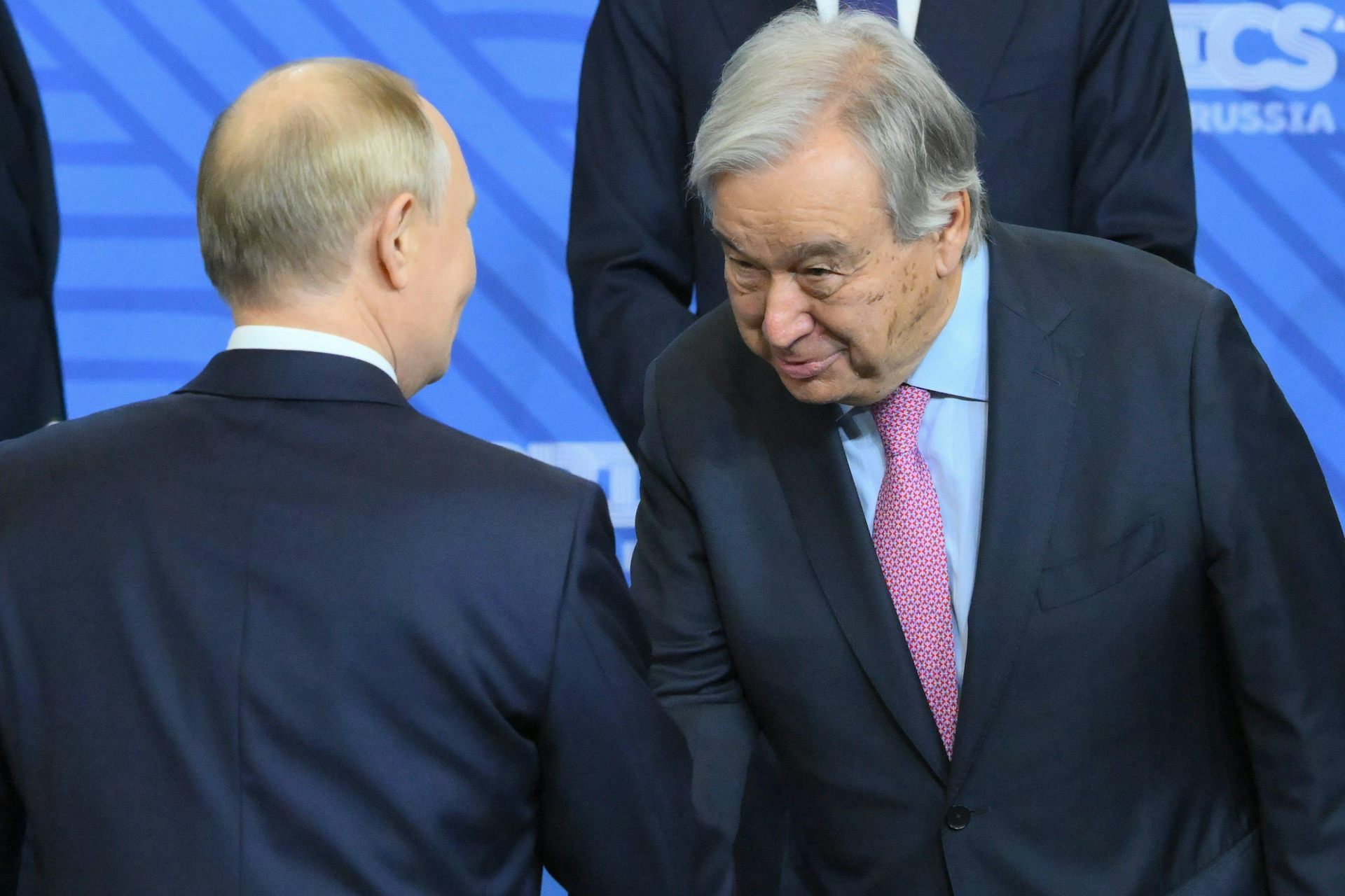 UN secretary general Aontonio Guterres greet Vladimir Putin at the 2024 Brics summit in Kaa=zan, Russia.