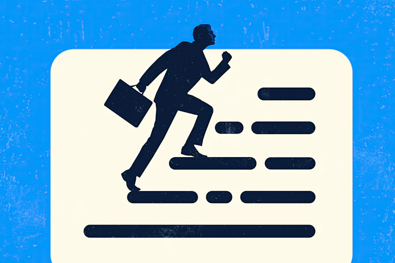An executive holding a briefcase climbs an AI text prompt.