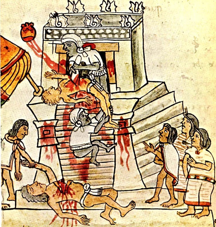 A sketch showing several bleeding men, lying on the steps of an imposing building, while others stand around them. On top of the stairway, a priestly-looking man holds a knife next to another man.