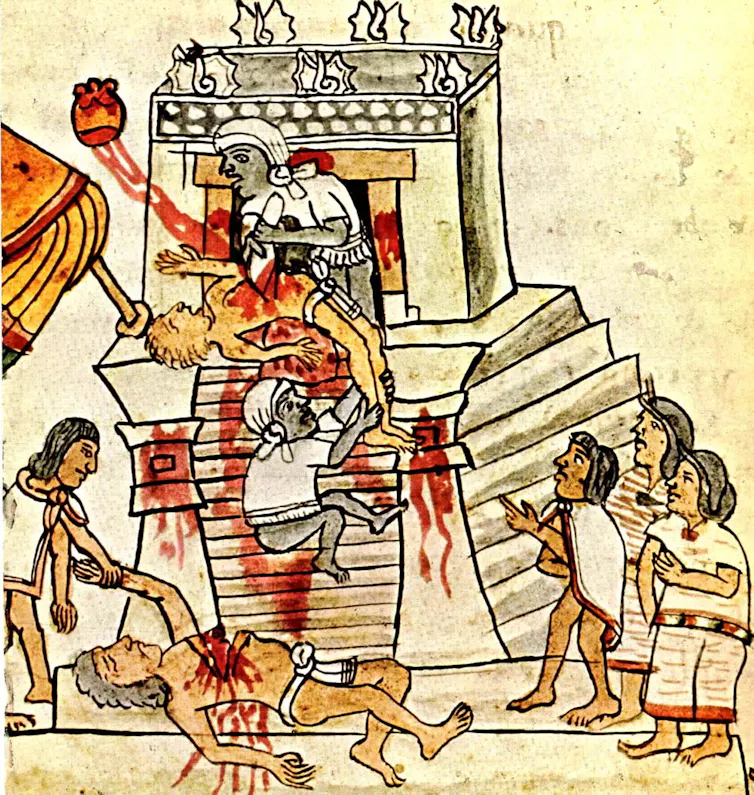 A sketch showing several bleeding men, lying on the steps of an imposing building, while others stand around them. On top of the stairway, a priestly-looking man holds a knife next to another man.