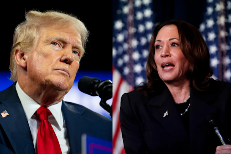 Side-by-side images of Donald J. Trump and Kamala Harris.