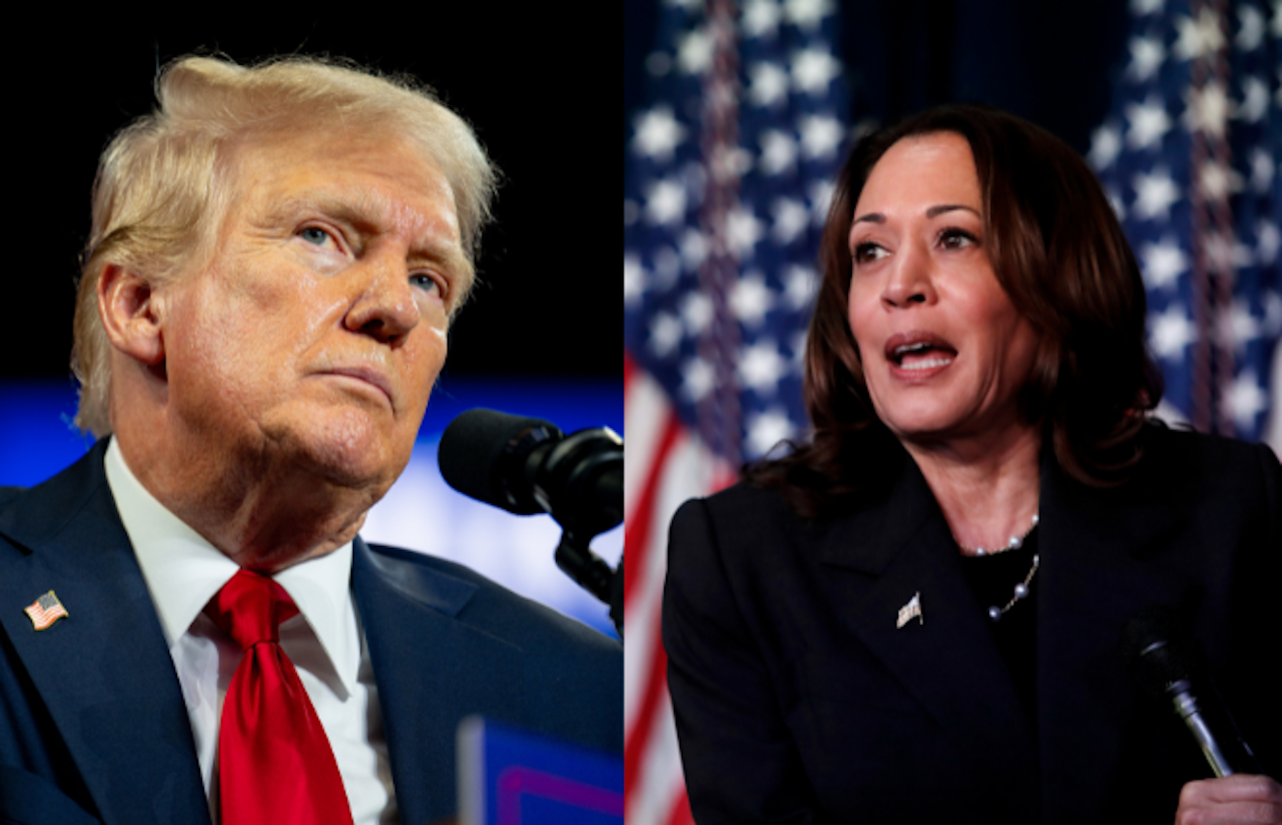 Side-by-side images of Donald J. Trump and Kamala Harris.