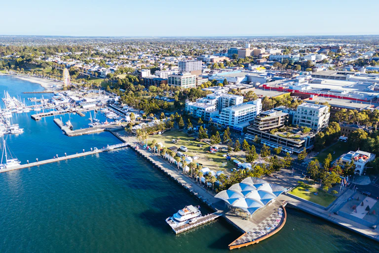 Aerial view looking over city of Geelong from the bay