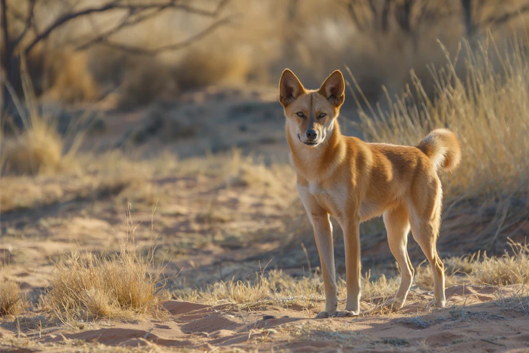 A dingo standing on a the sand in a dry grassy landscape