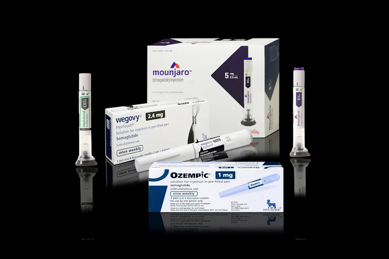 Boxes and vials of the weight loss injectables Mounjaro, Wegovy and Ozempic.