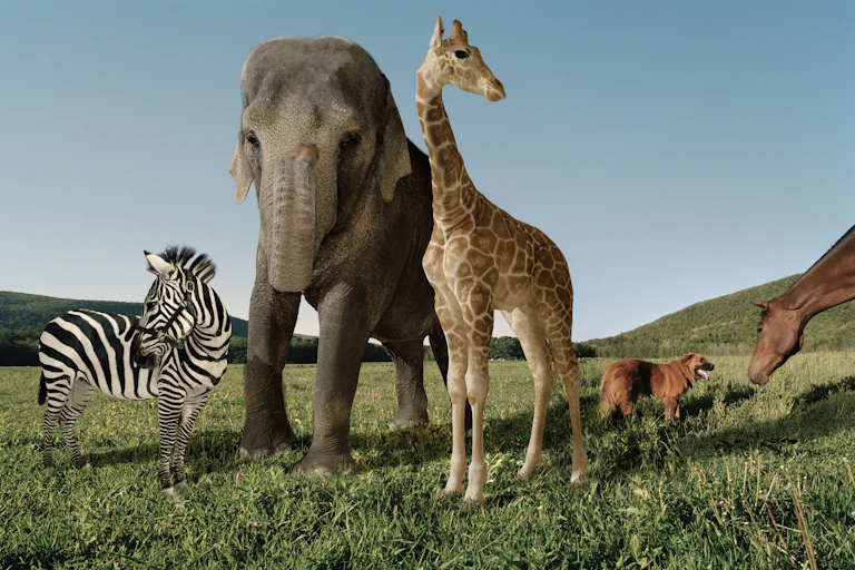 Zebra, elephant, giraffe, dog and horse standing on a grassy field