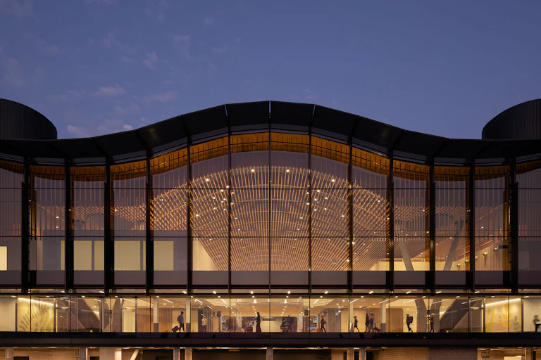 A picture of the Portland International Airports wood terminal building,