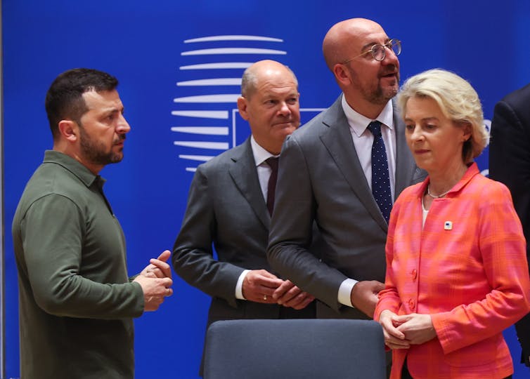 Volodymyr Zelensky, Olaf Scholz, Charles Michel and Ursula von der Leyen.