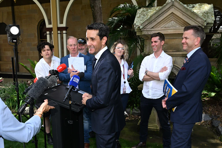 Premier-elect David Crisafulli addresses the media at Parliament House in Brisbane, Sunday, October 27th, 2024. Liberal National Party leader David Crisafulli claimed victory in the Queensland contest on Saturday night, putting an end to Labor's nine-year reign. (AAP Image/Darren England)