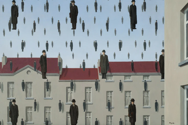 Surrealist painting featuring men in bowler hats suspended in the air
