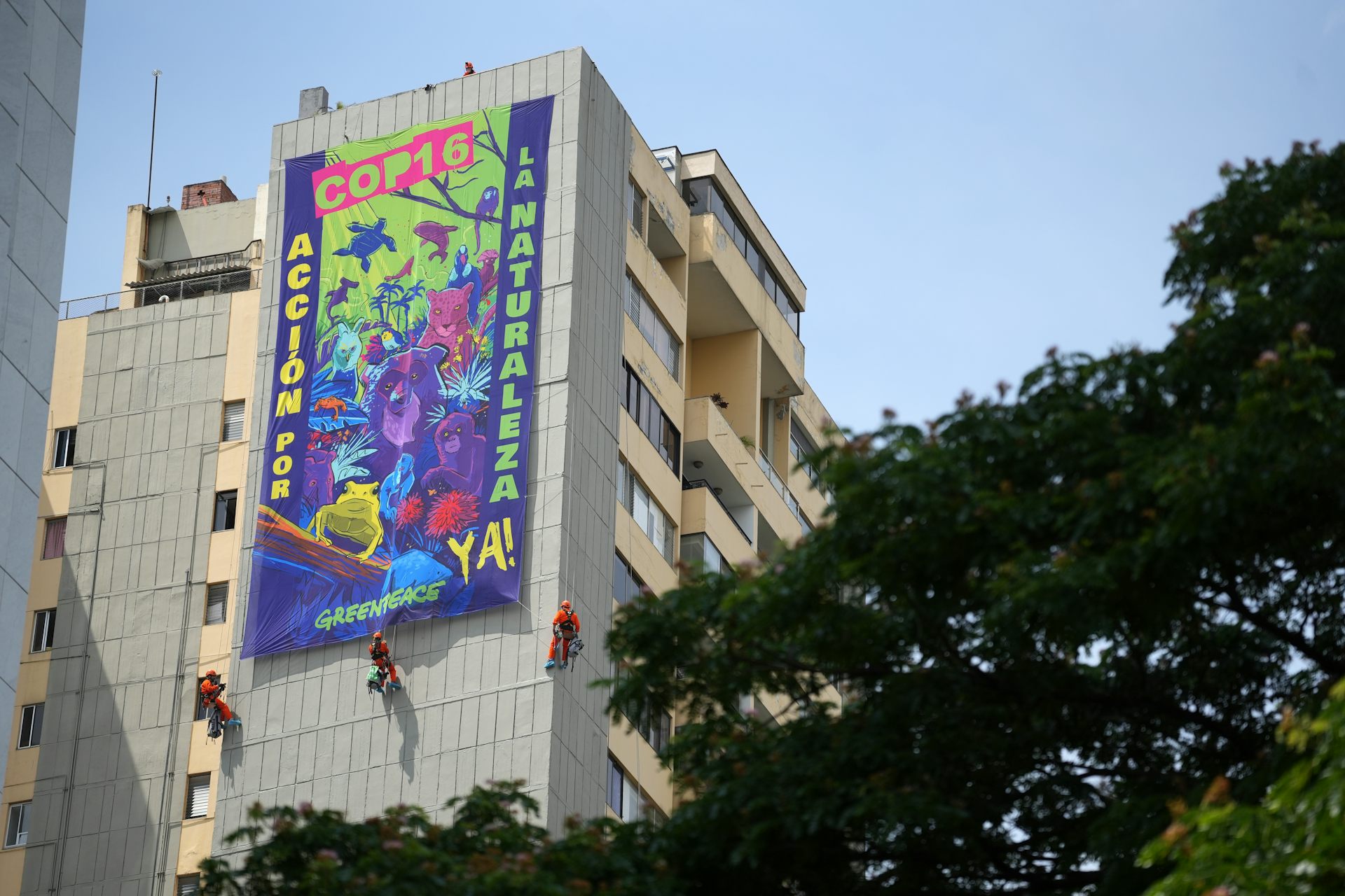 Activists in orange jumpsuits abseil down a building to unfurl a colourful banner