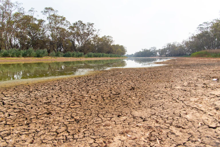 The drought river in summer of Bogan river at Nyngan regional town of NSW.
