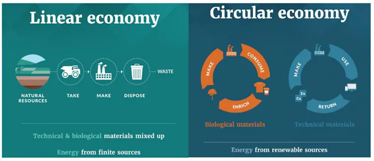 A graph to explain the differences between linear and circular use of resources.