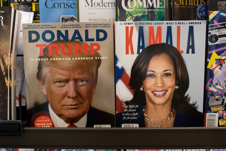 newstand showing publications with Donald Trump and Kamala Harris on the covers