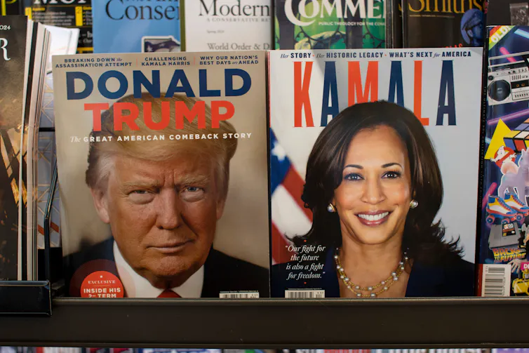 newstand showing publications with Donald Trump and Kamala Harris on the covers