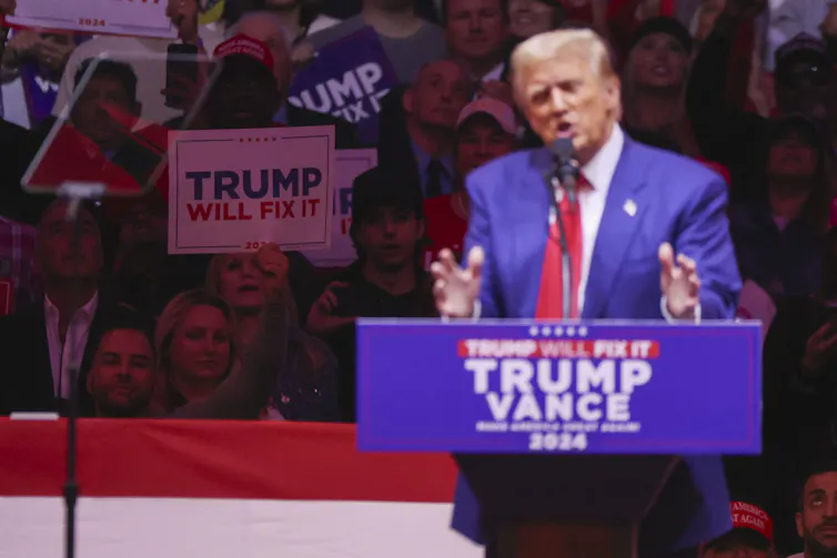 Donald Trump speaking at a campaign rally.