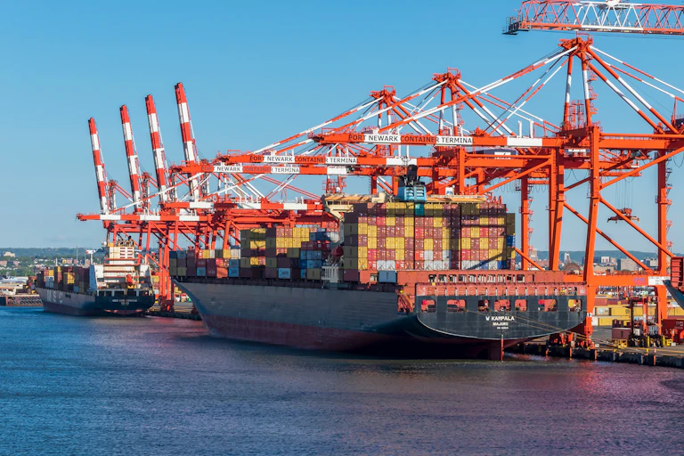 Un cargo chargé de containers dans un port de commerce américain