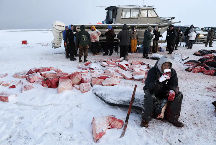 A group of men stand among the bloody remains of a whale.
