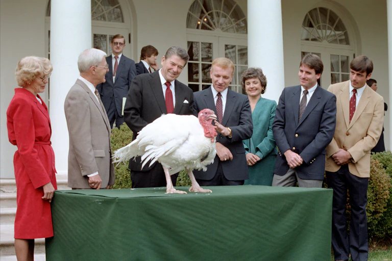 Ronald Reagan mira un pavo sobre una mesa rodeado de otras personas.