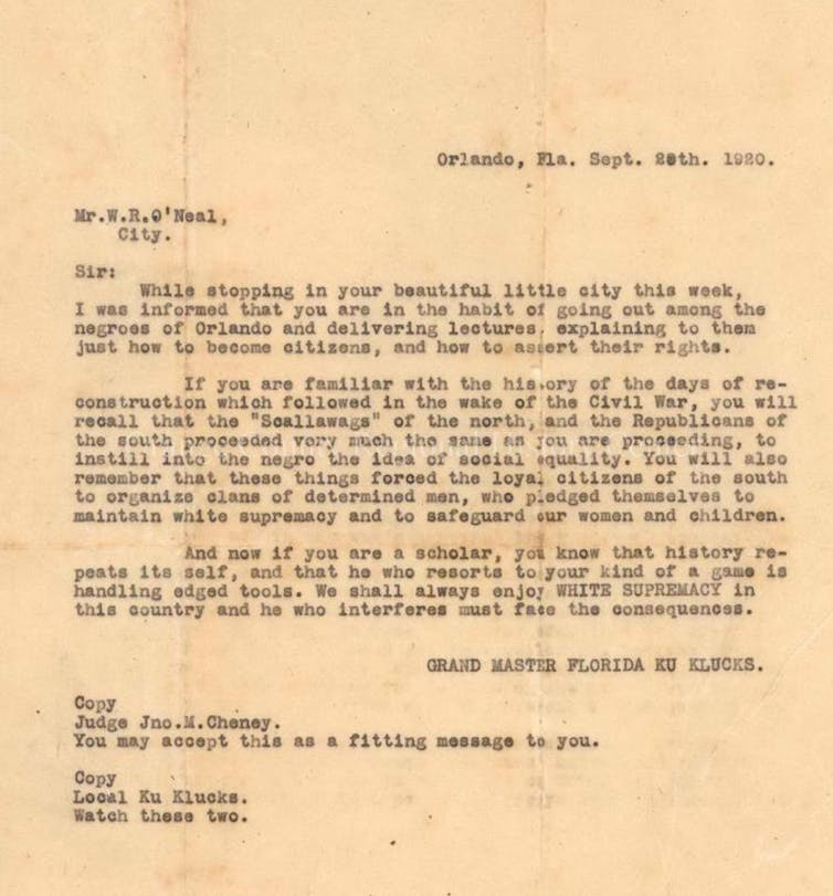 A typewritten letter from a white supremacist group threatened consequences if Black people voted in 1920 presidential election.