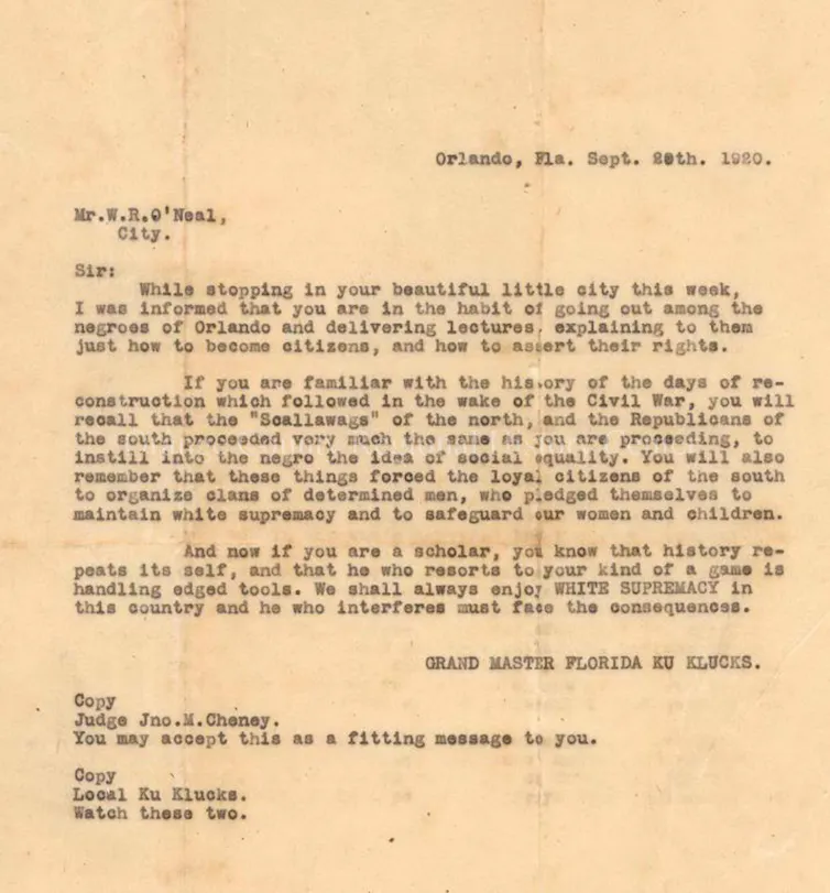 A typewritten letter from a white supremacist group threatened consequences if Black people voted in 1920 presidential election.