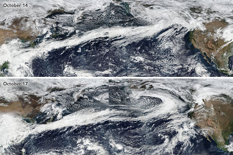 Imagen de satélite donde se aprecia un largo hilo de nubes sobre el océano.