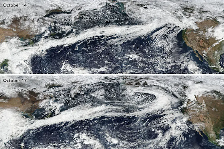 Imagen de satélite donde se aprecia un largo hilo de nubes sobre el océano.
