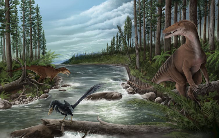 An artwork of trees and a river bed, and three fearsome animals.