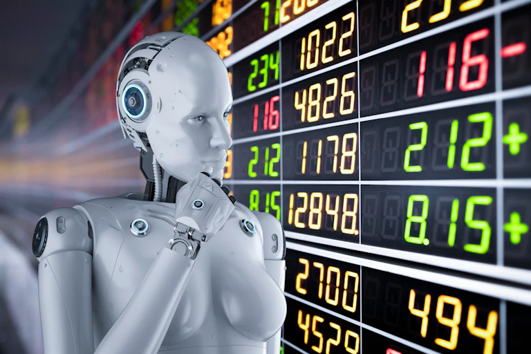 AI humanoid robot looking at digital financial display.