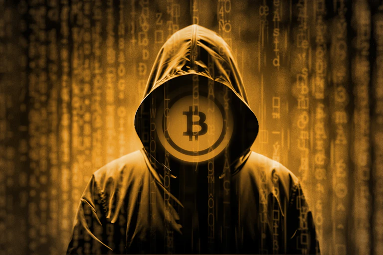 a hooded figure with a bitcoin logo — a b with two lines going through it vertically - against a yellow-tinted background of mysterious symbol chains