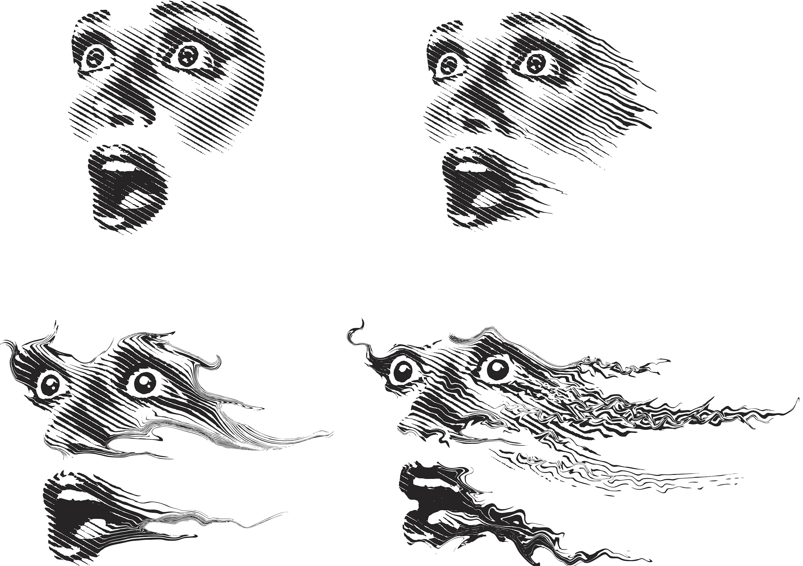 Four black-and-white illustrated fearful faces