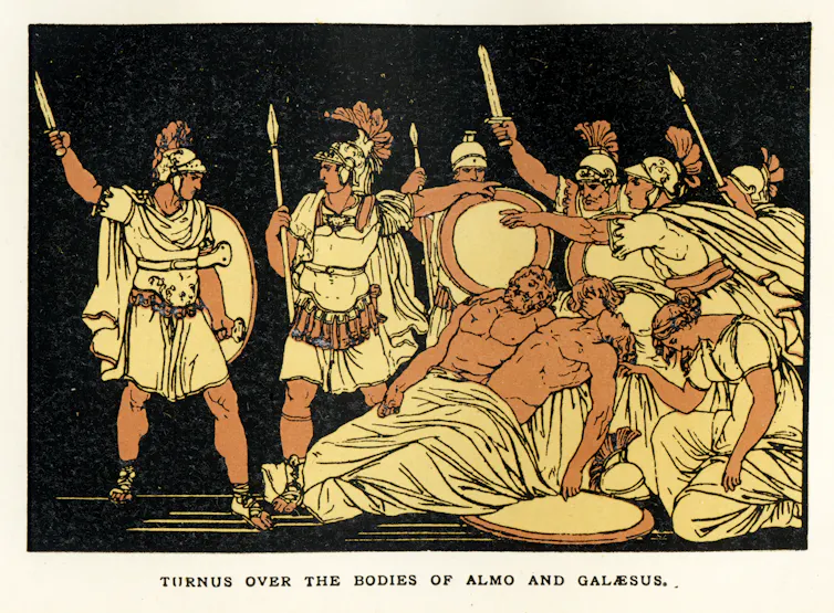 Soldiers raise their swords over two dead bodies