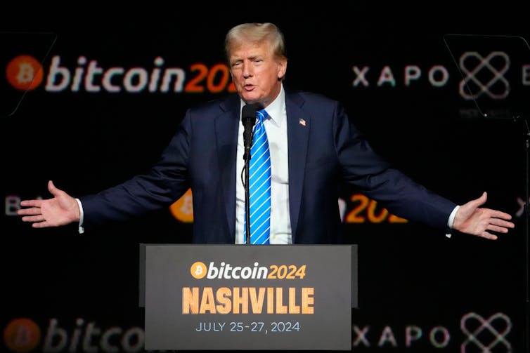 Trump speaking at the Bitcoin 2024 conference in Nashville, Tennessee.