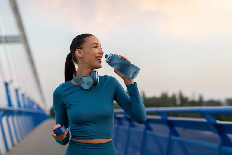 Woman walking across a bridge drinking water from a bottle