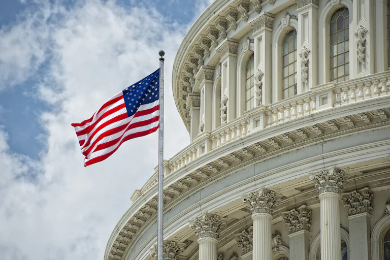The Capitol building with a US flag in front.