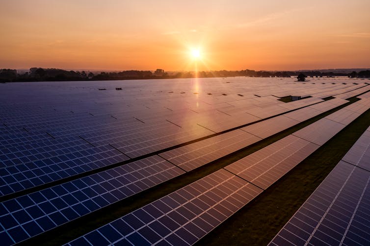 Solar farm at sunset.