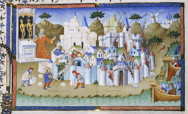 A colorfully painted manuscript illustration of workers building the white walls of a small city.