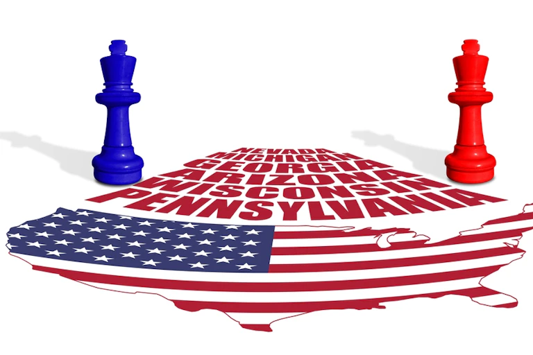An image showing chess pieces and a US flag.